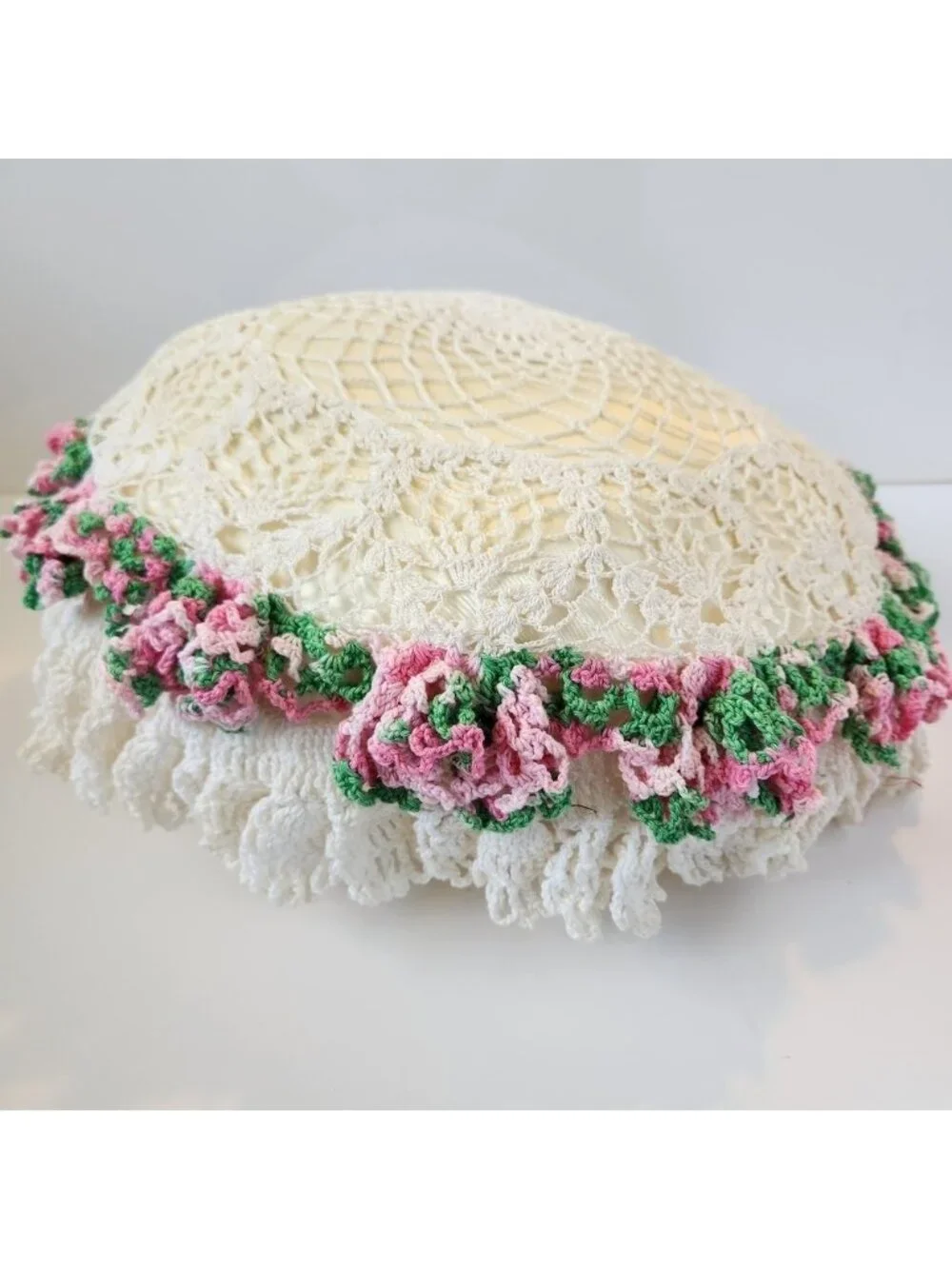 Vintage Pillow Crochet Knitted Floral Pink Flowers Decorative Cottagecore Decor